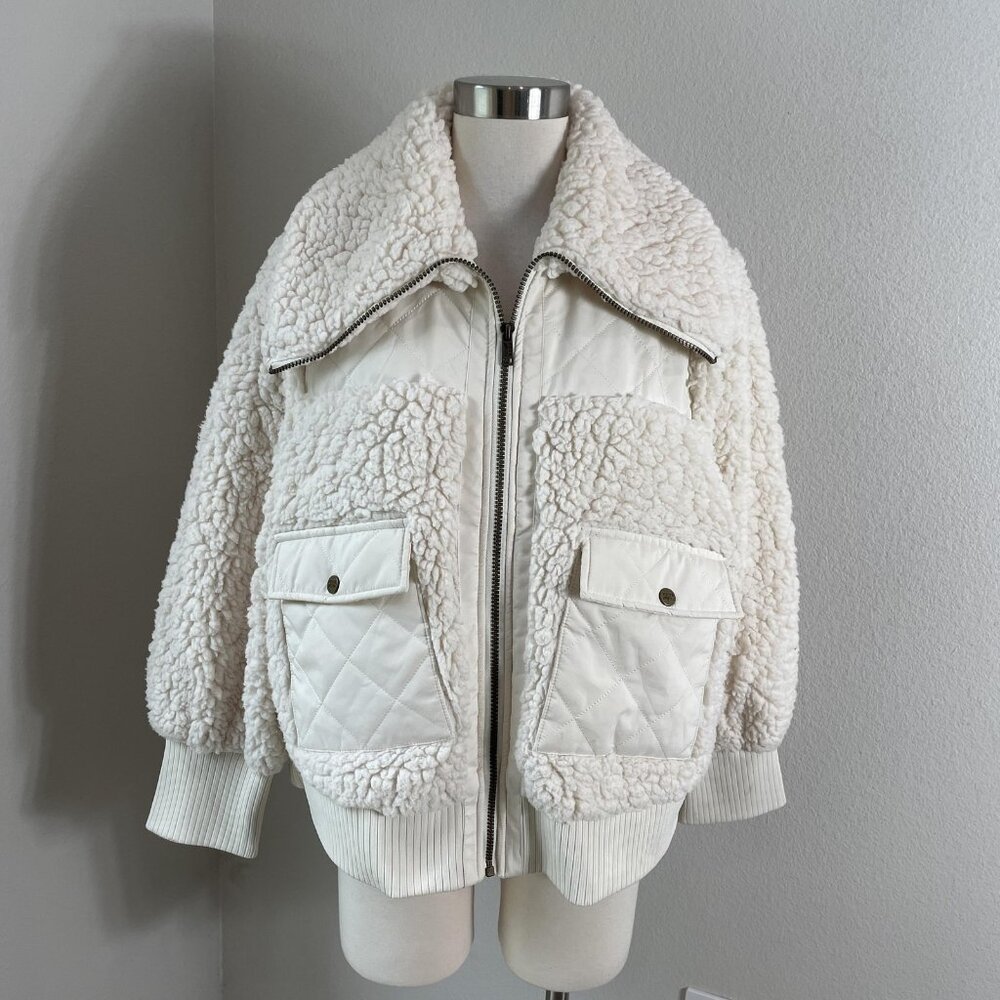 Frye And Co Jacket Womens‎ 1X White Sherpa Fleece Quilted Bomber Zip Pockets